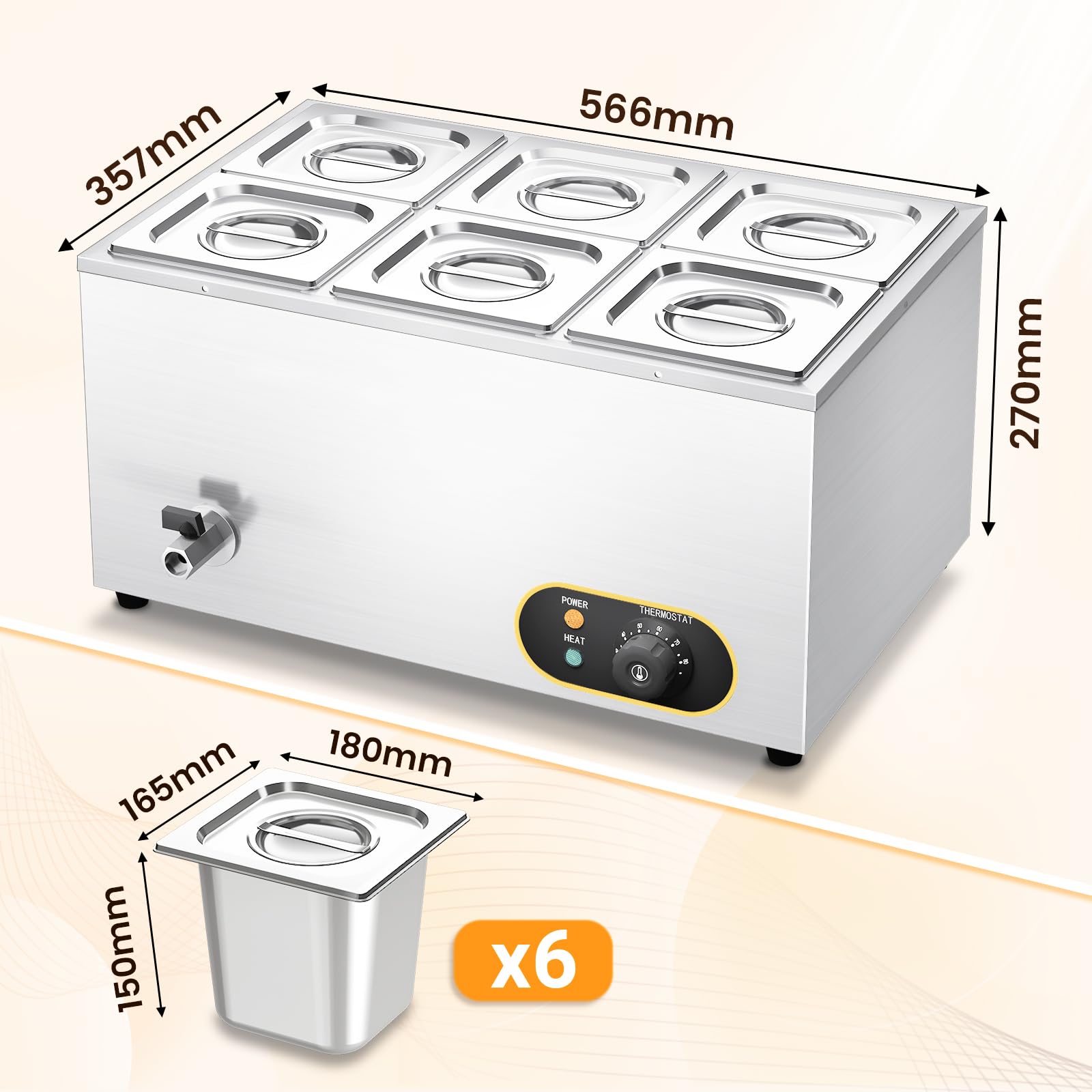 Bain Marie - Scaldavivande elettrico per bagnomaria, contenitori GN, 1/6 x 6 | Gastro scaldavivande in acciaio inox con rubinetto di scarico, scaldavivande elettrico per buffet, 6 contenitori