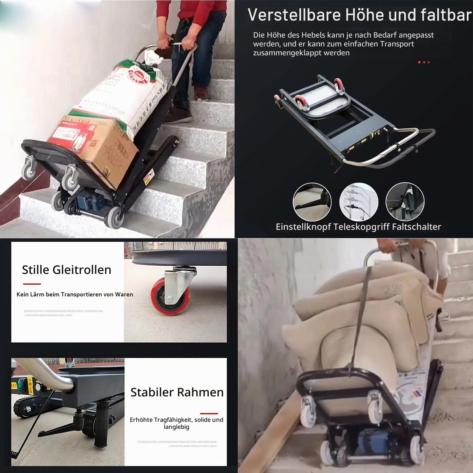 Elektrischer Treppensteiger - Sackkarre, Mit Teleskopstiel, Treppen Rauf/Runter (80 Stockwerke), 300 Kg Tragkraft (24 V 26 Ah), Elektro-Sackkarre,Red