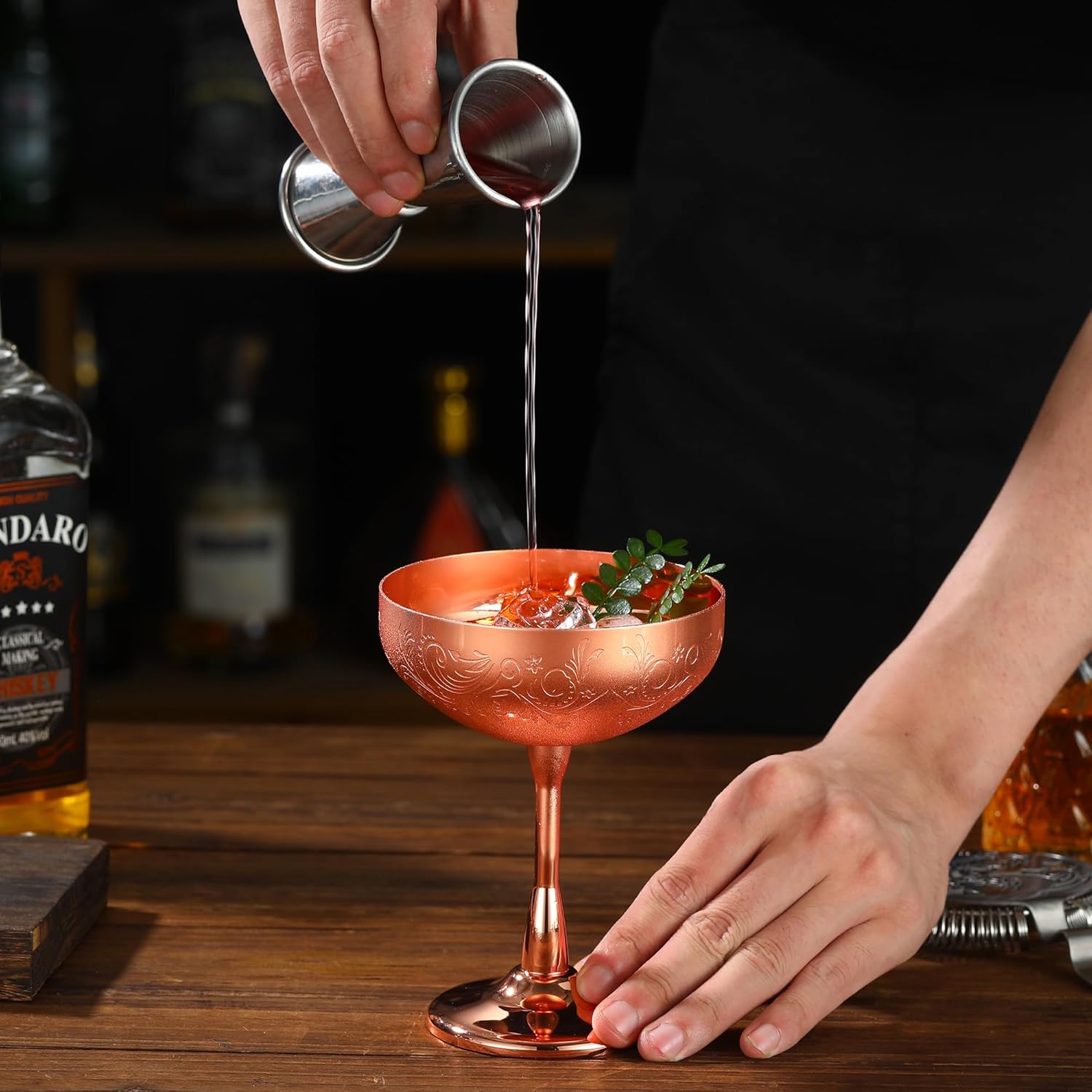 Stainless Steel Coupe Cocktail Glasses Set of 2, Unbreakable Cocktail Glasses for Margarita, Manhattan, Champagne Engraved Design (FlowerCopperPlated Set of 2)