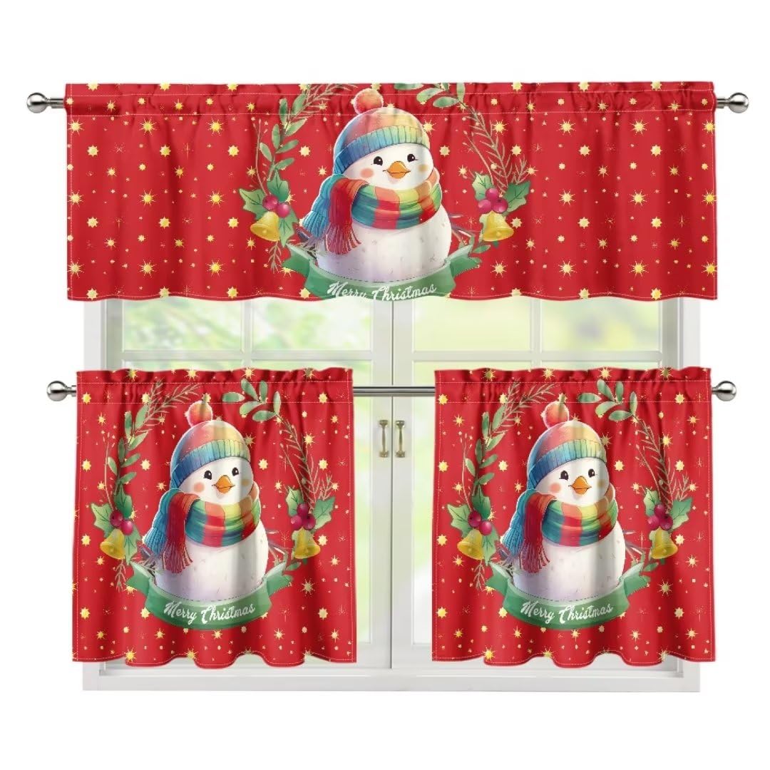 Jeiento Tende natalizie da cucina, motivo: pupazzo di neve, stelle, mantovana, tende con mantovana, decorazione da cucina, facili da installare, set da 3 pezzi