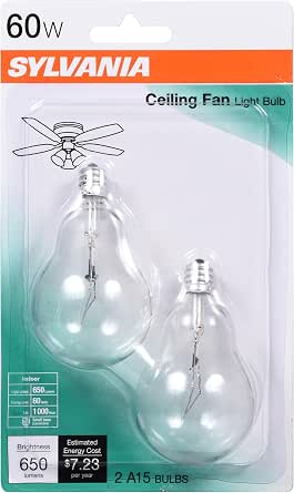 Sylvania 60 Watt Ceiling Fan Light Bulbs 2 Pack - A15 Incandescent E12 Candelabra Bulbs