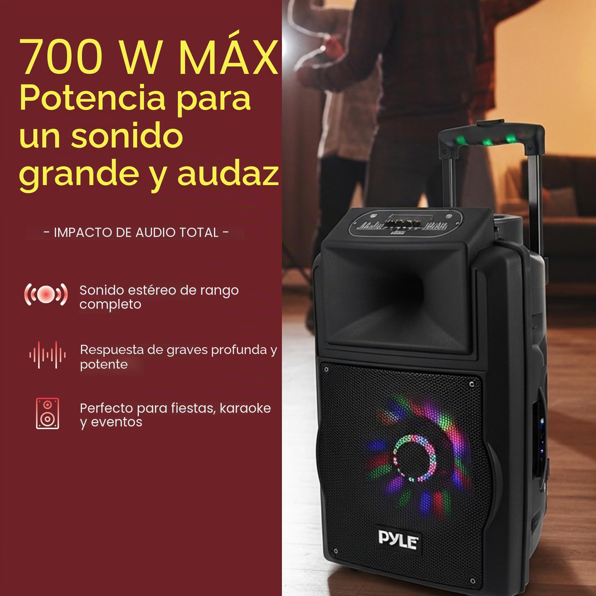 Pyle Sistema de Altavoces, PA, 700W, Bluetooth, microfono, portatil, Recargable, Interiores, Exteriores, función de grabación, micrófono, Luces de Fiesta, Radio USB/SD, Color Negro