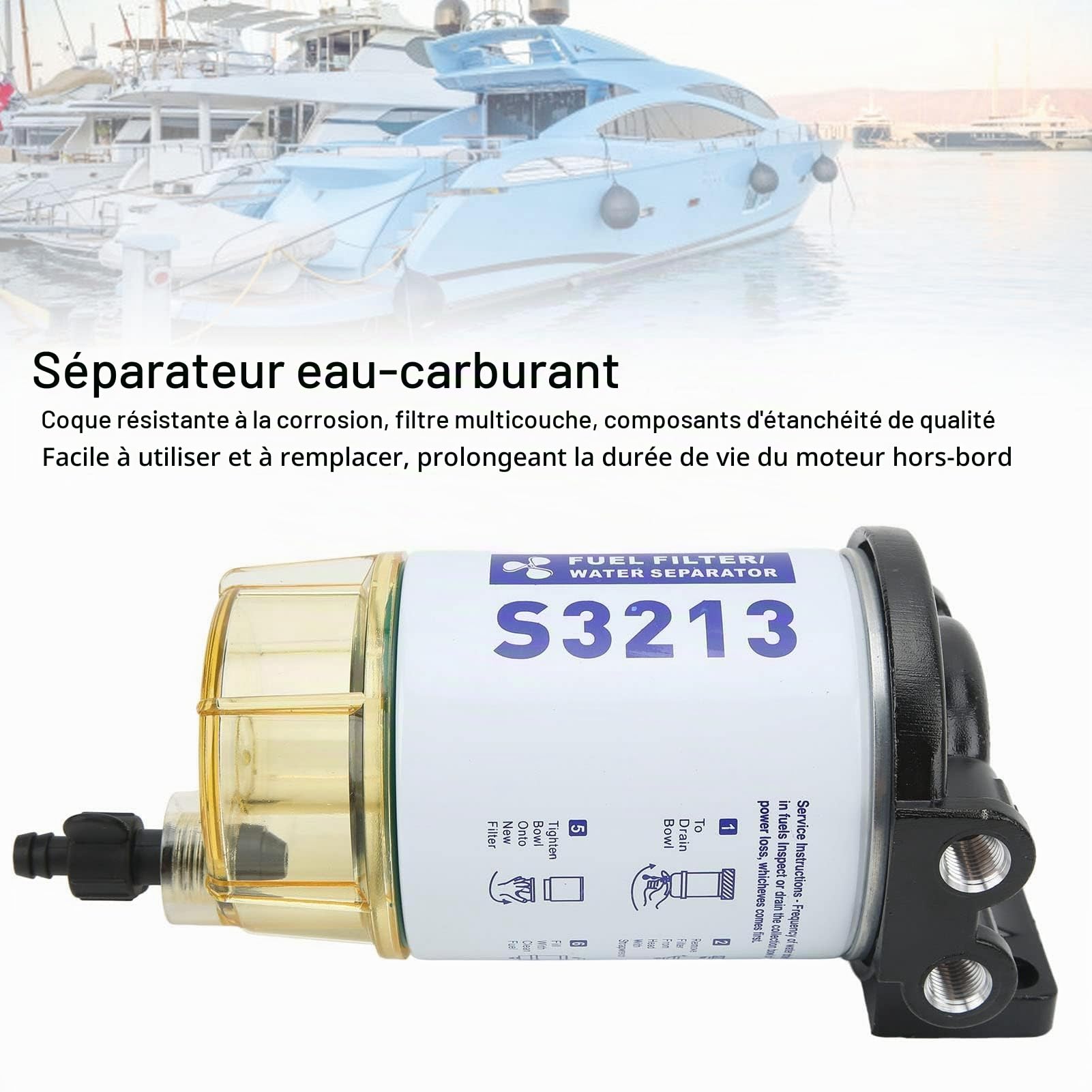 HERCHR Séparateur d'eau Marine, Filtre à Carburant pour Bateau Séparateur d'eau et de Carburant Marin du Séparateur d'eau du Filtre à Carburant du Yacht S3213 pour L'élimination des Impuretés