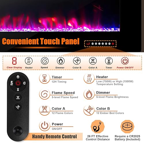 Miniatura 4 de GOFLAME Chimenea eléctrica de 42 pulgadas, calentador de chimenea empotrado y montado en la pared con panel táctil, control por aplicación, control