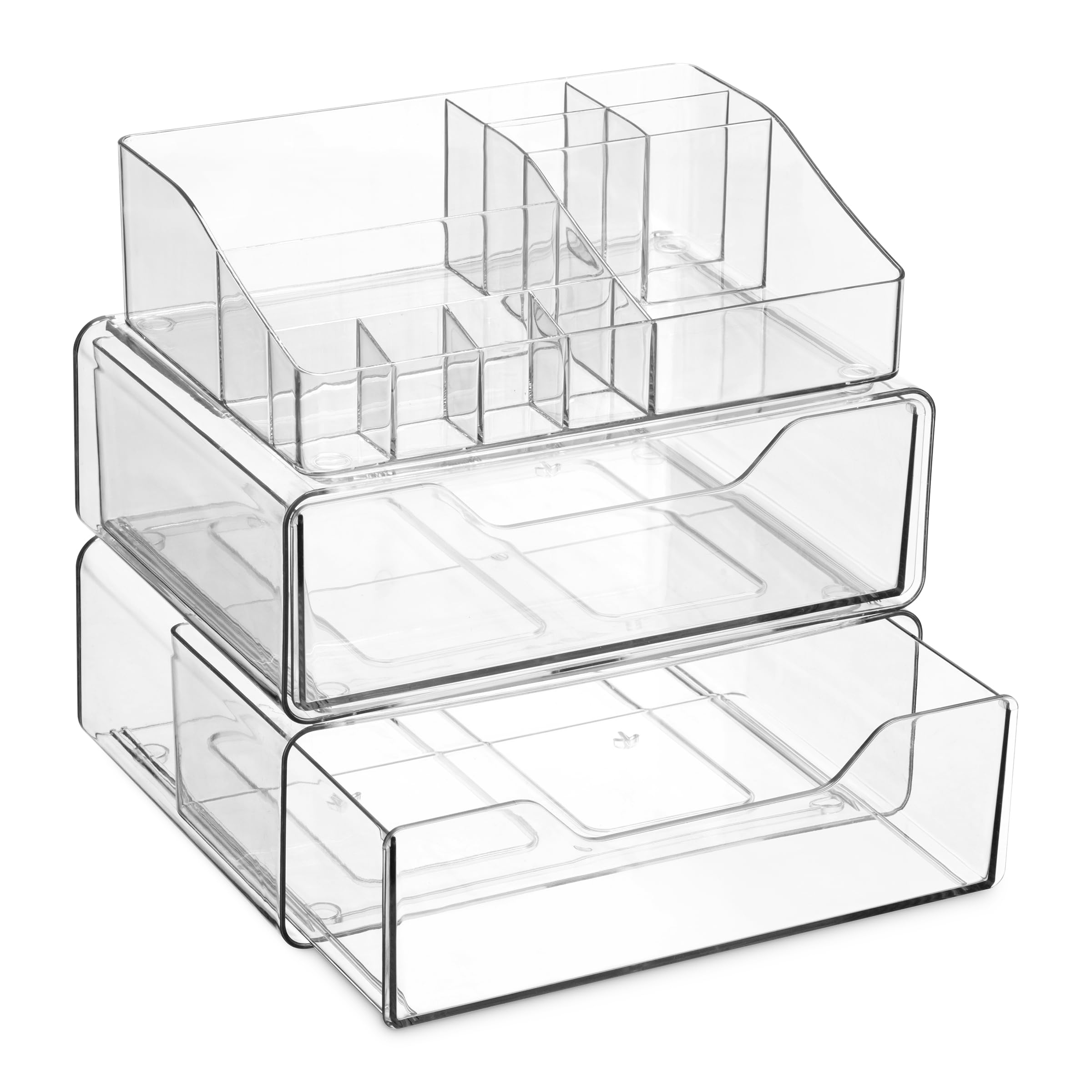 Clear Makeup Organizer - Acrylic Cosmetic Vanity Storage Organizers for Girls Dresser, Bathroom, Desk Counter. Plastic Make Up Holder, Jewelry Box. (2-Drawer | Multi Compartments)