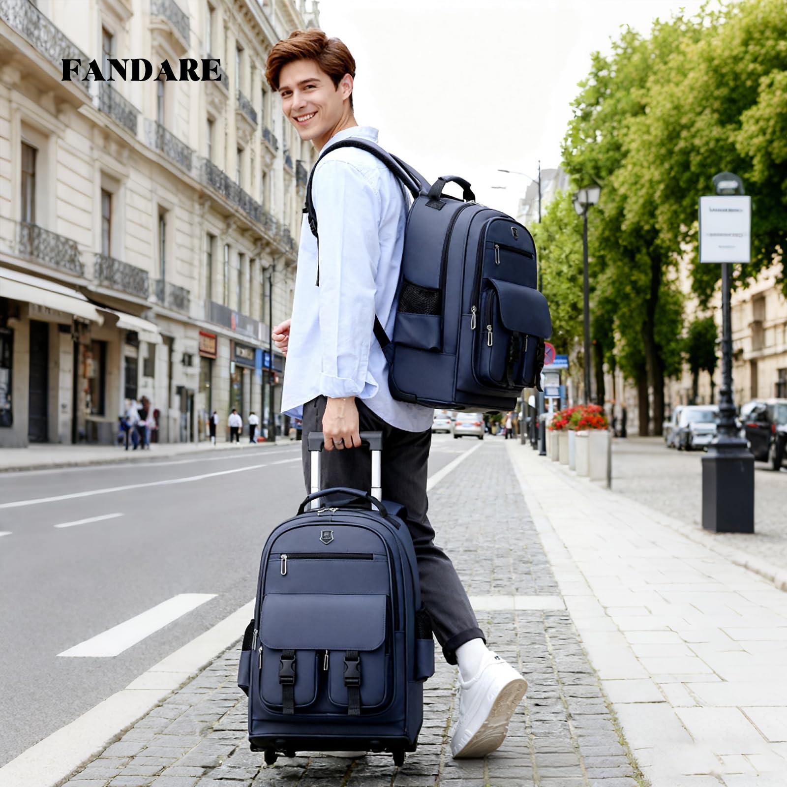 FANDARE Sacoche à roulettes pour 15.6 Pouces Ordinateur Portable Hommes Enseignant Mallettes avec roulement Rapide Sac voyage Trolley Sacs à dos urbain Rolling Laptop Bag Imperméable PU Film