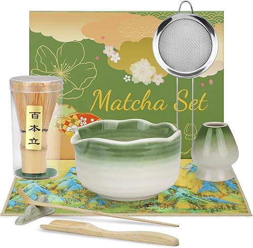 HengLiSam Juego de 8 batidores de matcha, juego de cerámica de matcha, herramientas de ceremonia de té japonés con cuenco matcha, batidor de bambú,