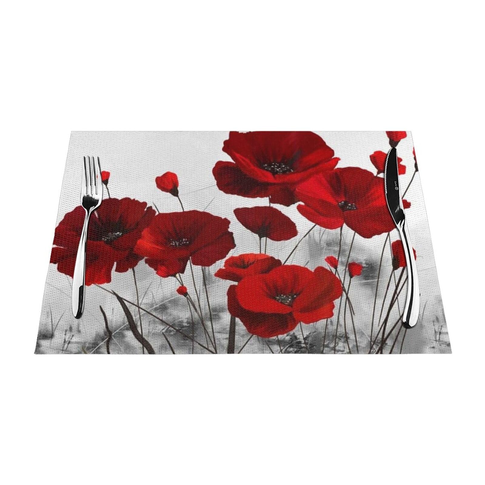PVC Placemat Set of 6 PCS, 45x30 CM, Red Poppy Flower Printed Non-Slip Heat Resistant Place Mats for Kitchen Dining Table Indoor Outdoor