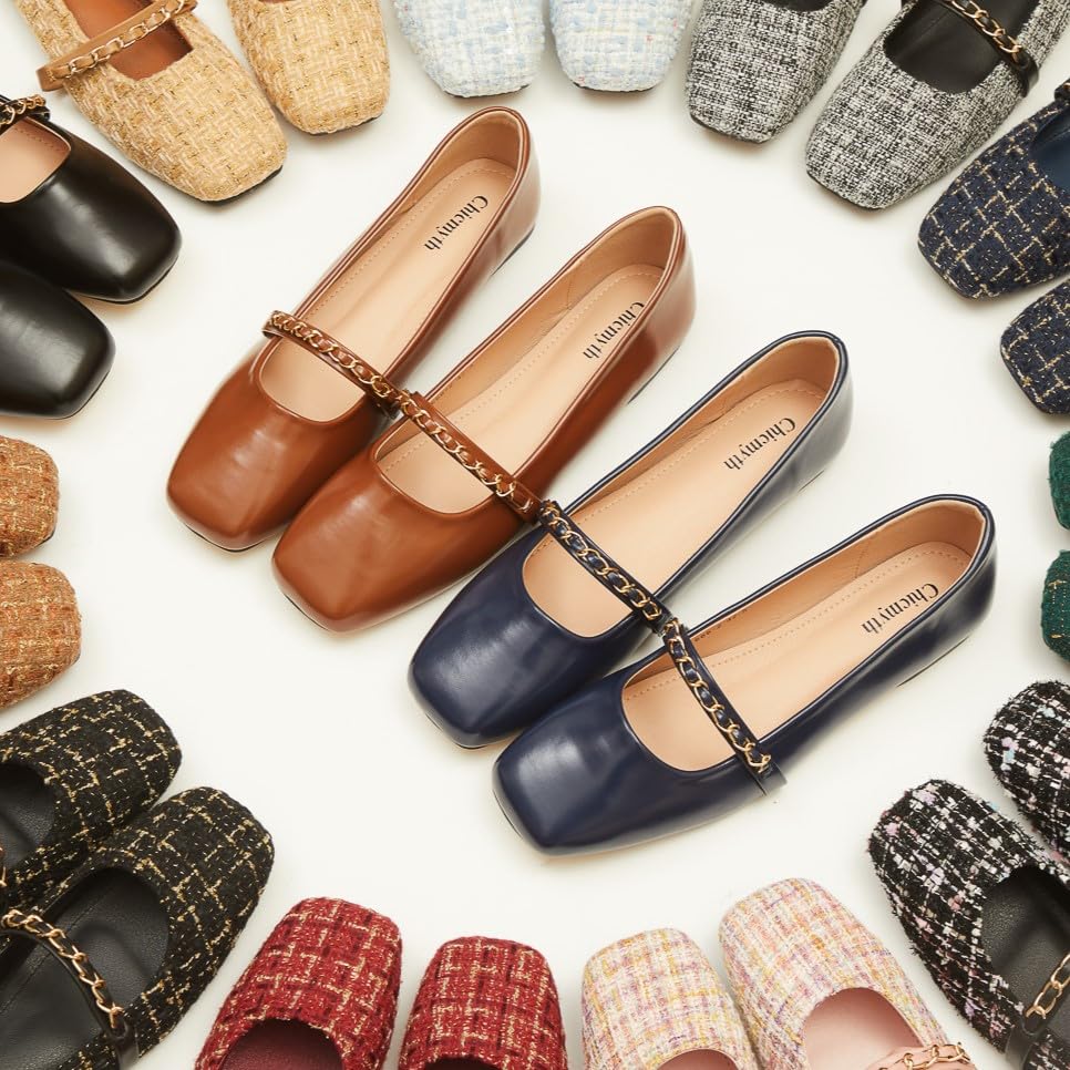 Mary Jane Flats;Square Toe Metal Chain Flats;Tweed Fabric Delicate and Elegant Women Shoes3