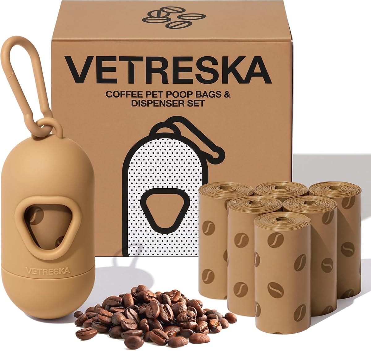Dispensador de bolsas para excrementos de perros con bolsas de desechos con aroma a café, 105 unidades | Bolsas para excrementos de mascotas, a prueba de fugas, extragruesas y resistentes, para perros y gatos, 1 soporte y 7 rollos