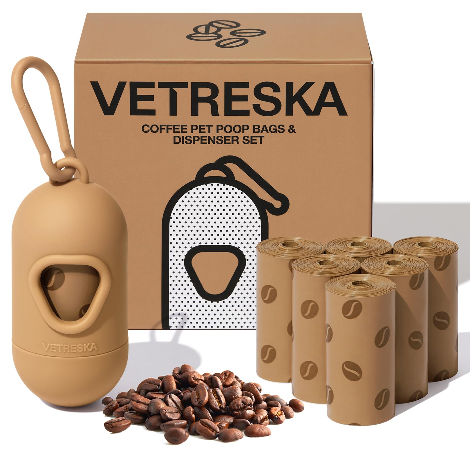 VETRESKA Dog Poop Bags Dispenser with Coffee Scented Waste Bags, Leak Proof, Extra Thick & Strong, 1 Holder and 105 Count Pet Poop Bags (7 Refill Rolls) for Dogs and Cats