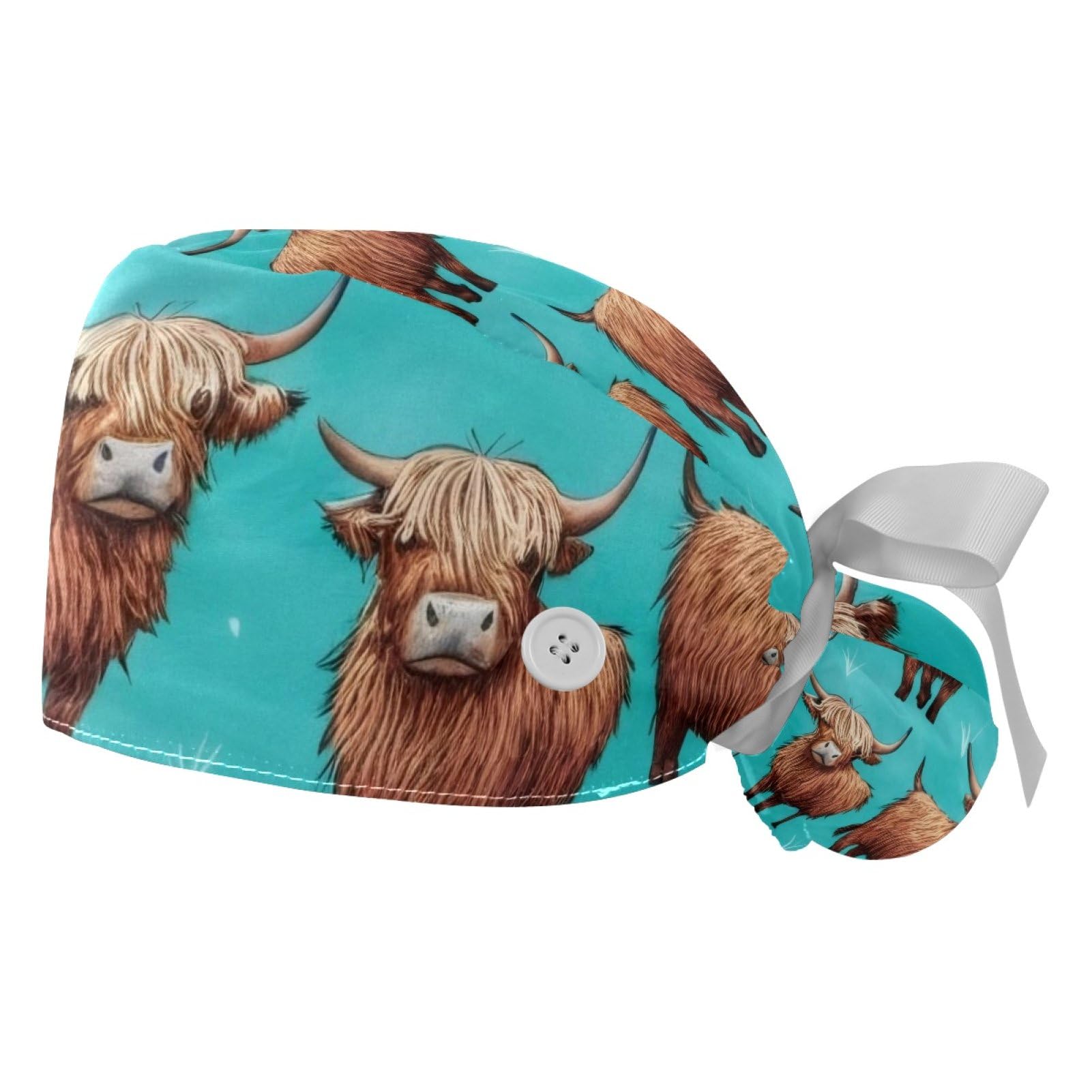 2 PCS Bouffant Cap with Button Ponytail Pouch Working Cap Sweatband Adjustable Surgical Cap Black and White Cow