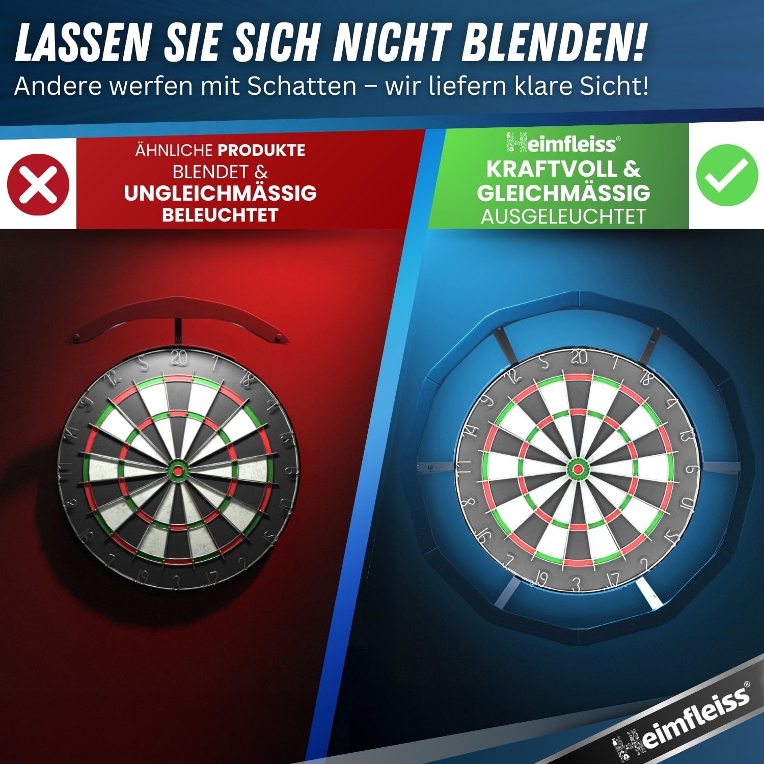Heimfleiss® 360° Dart Beleuchtung | Blendfreie Dartscheibe Beleuchtung mit Ultra-Light-LEDs | Dart Lichtring + Schaft Entferner & Spitzer | Dartboard Beleuchtung | LED Darts Licht