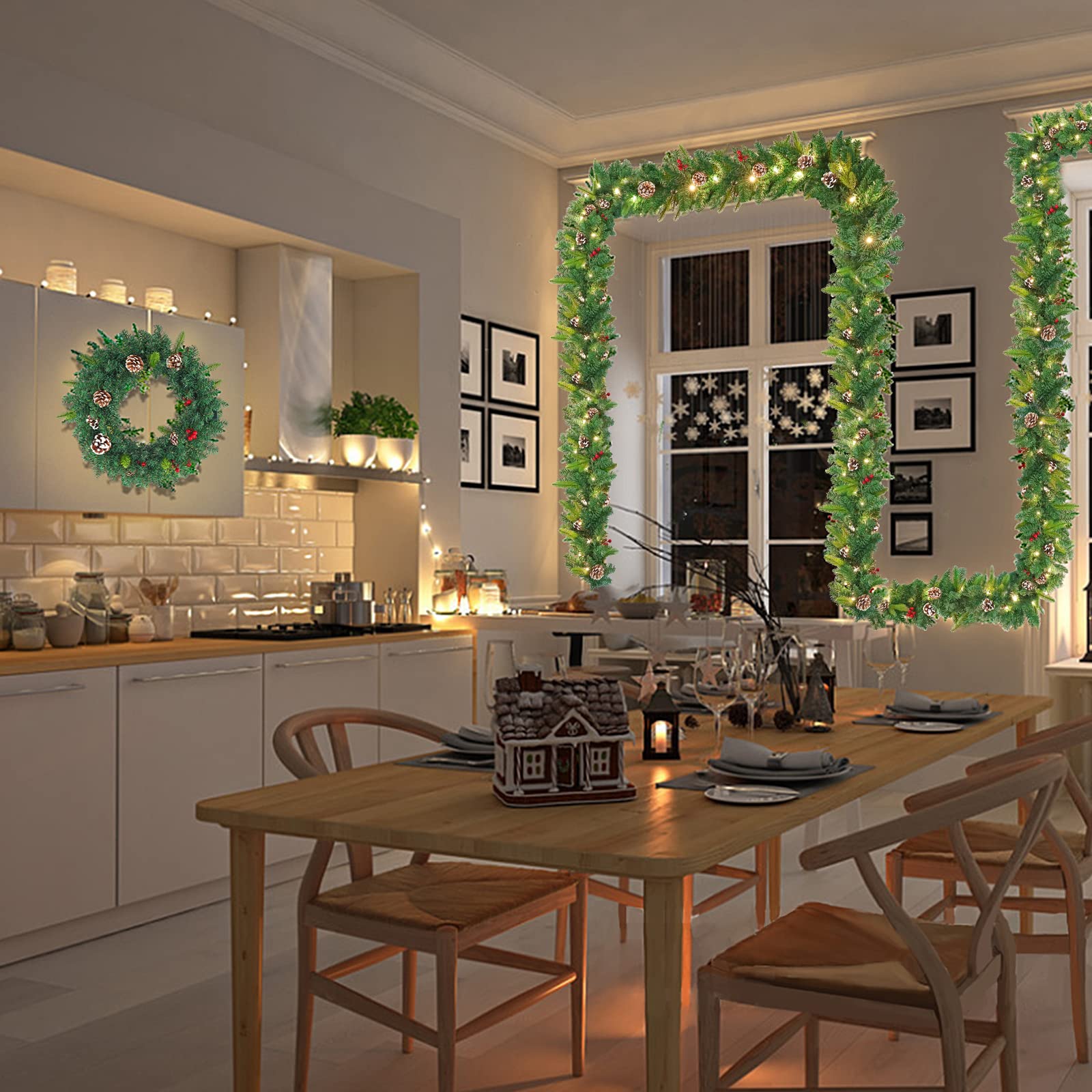 Froadp 500cm Künstliche Girlanden für Festlichkeiten, Weihnachten Tannengirlande mit Grünen Blättern Kiefernzapfen & Rot Beeren, Weihnachtliche Kränze mit LED, Hängende Blumen Türkranz für Parties