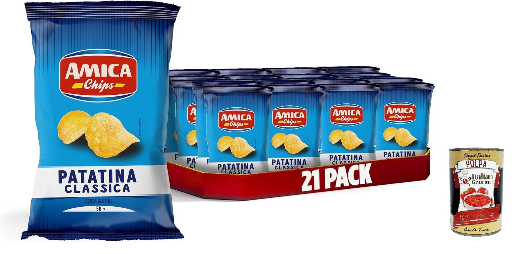 AMICA Chips | La Patatina Classica Originale, Der originale klassische Chip, glutenfreie Snacks, mit Sonnenblumenöl, 21 x 50 g + Italian Gourmet polpa 400g