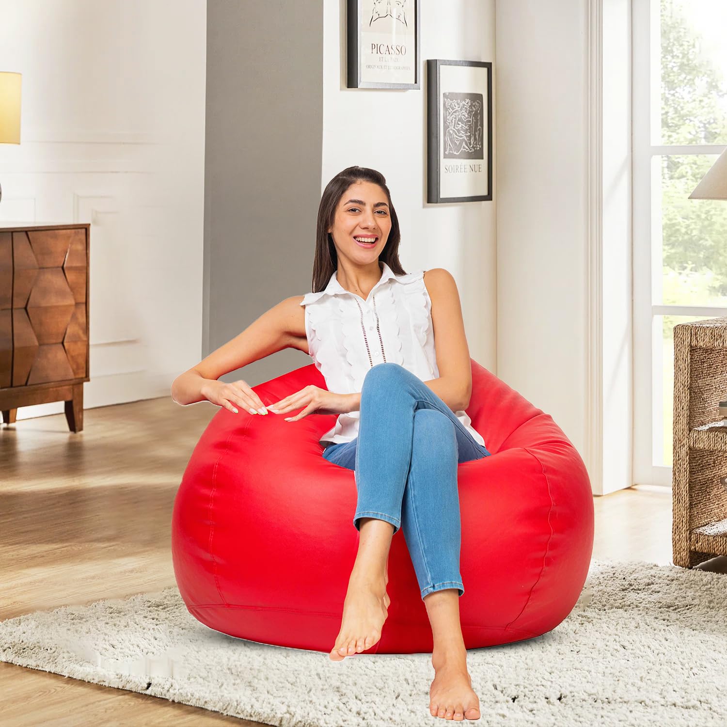 Amazon Brand - Solimo XL Faux Leather Bean Bag Cover Without Beans (Red)