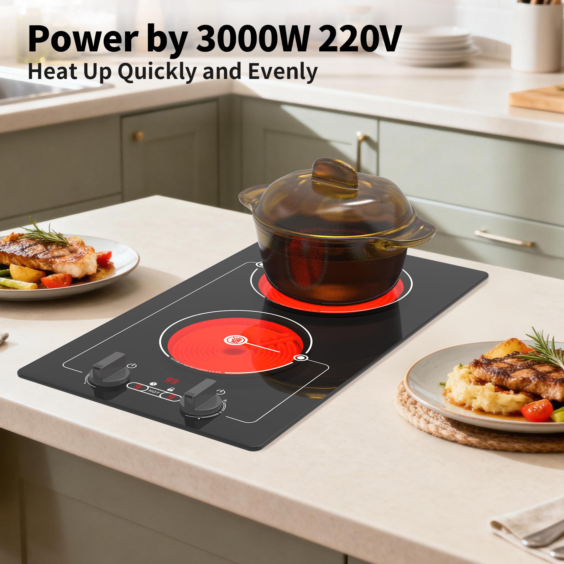 VBGK electric hob,Built-in Design and Countertop Stove Top with Knob Control&Touch Control,10 Power Level, Timer & Kid Safety Lock,220V 3000W 2 burner electric hob — view 6