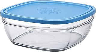 Duralex Made In France Lys Square Bowl with Lid (Set of 6), 3.25 quart, Clear/Blue