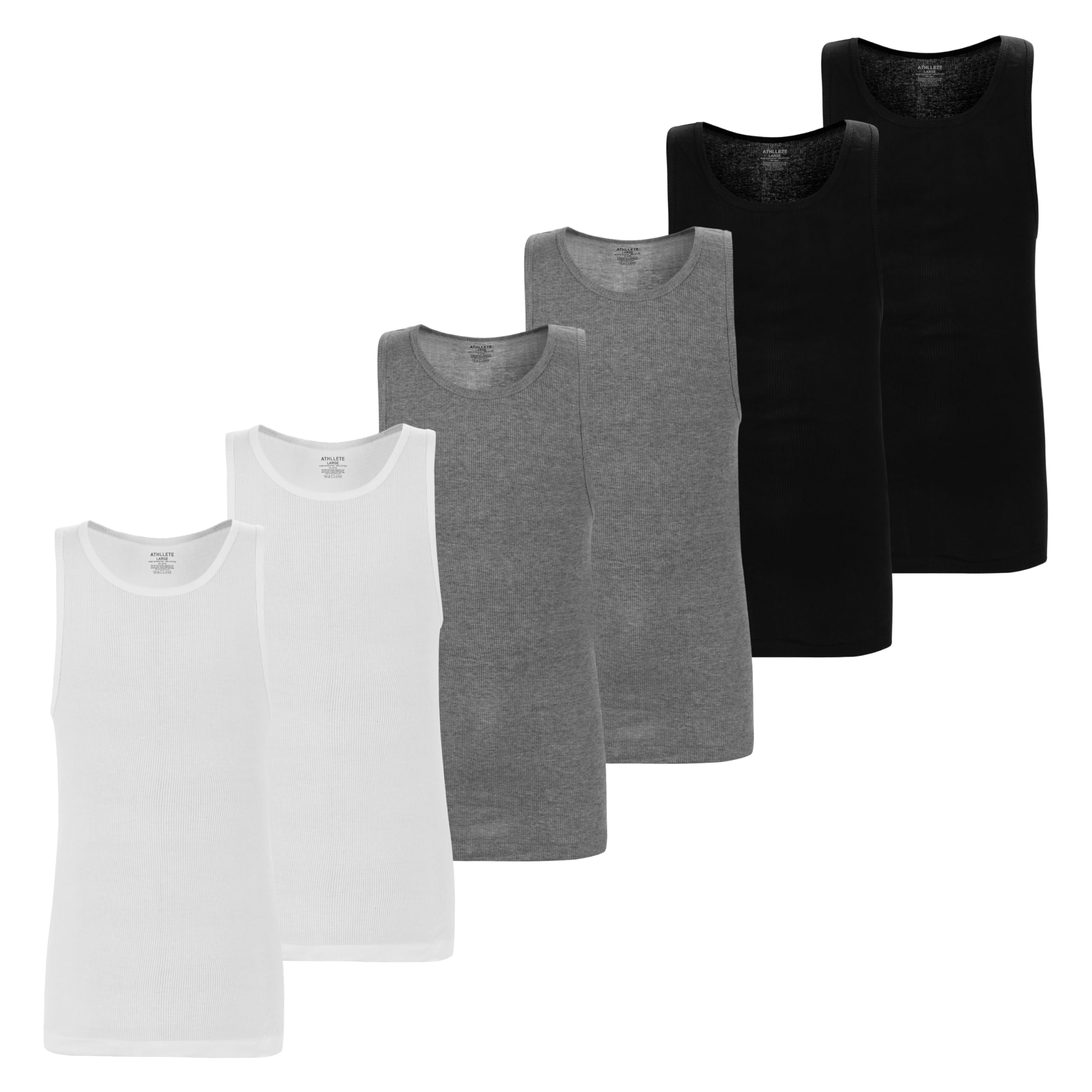 Athllete Herren-Tank-Tops, 6er-Pack, 100 % Baumwolle, ärmellos, Multipack, atmungsaktiv, schwarz, weiß, grau, Muskel-Shirts
