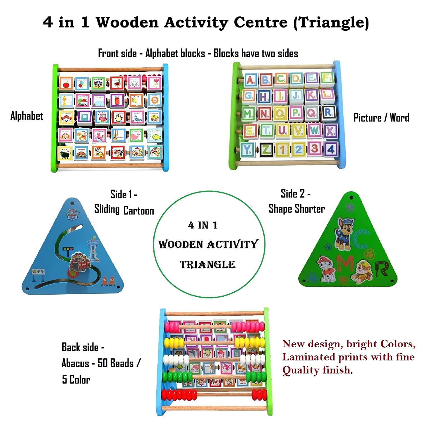 Shivaaro Activity Triangle Centre Cube | 5 in 1 Abacus Smiley Clock Drawing Board | Educational Toys Kids Toddlers 2+ Years- Multi Color 2
