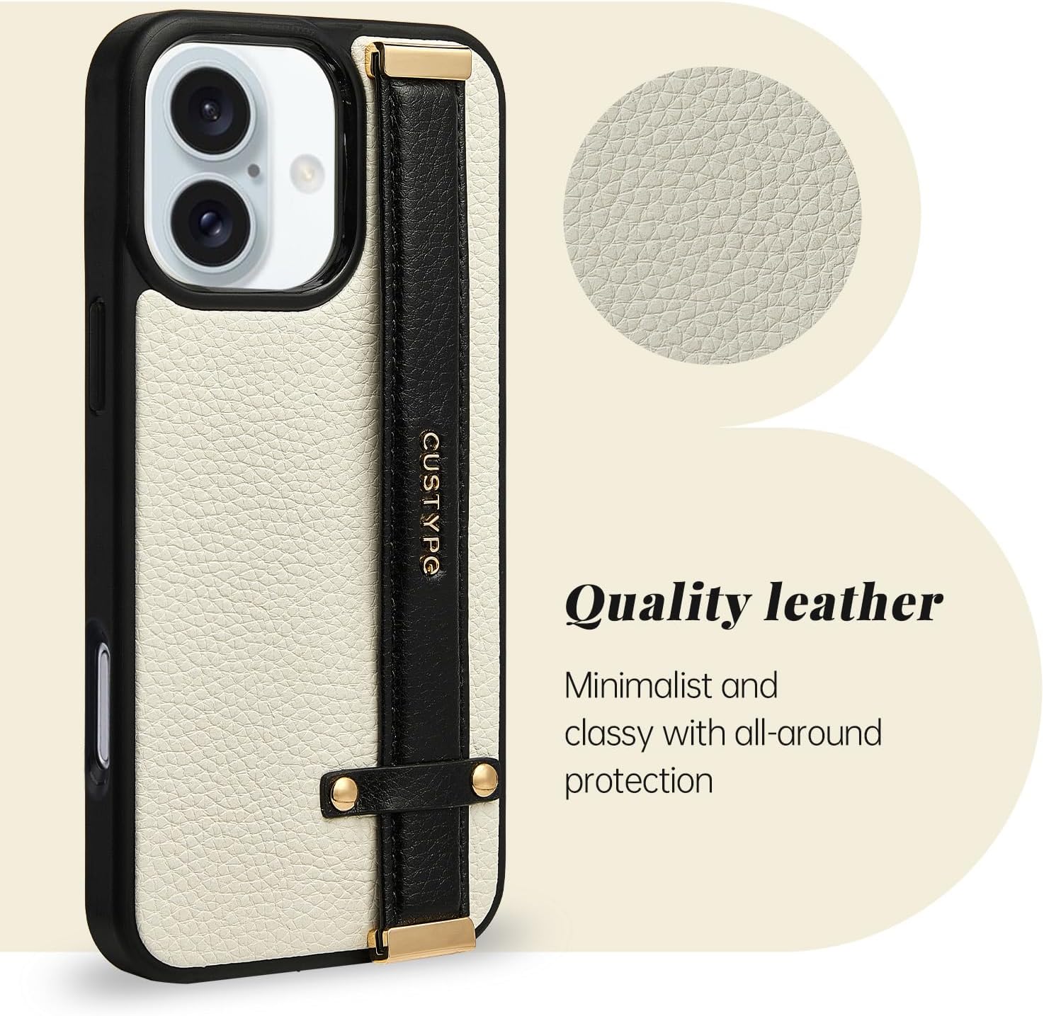 CUSTYPE Compatible with iPhone 17 Case with Adjustable Wristband Strap Kickstand,handstrap Grip Loop Strap Leather Case for Women Girl for iPhone 17 6.3inch-Black&White