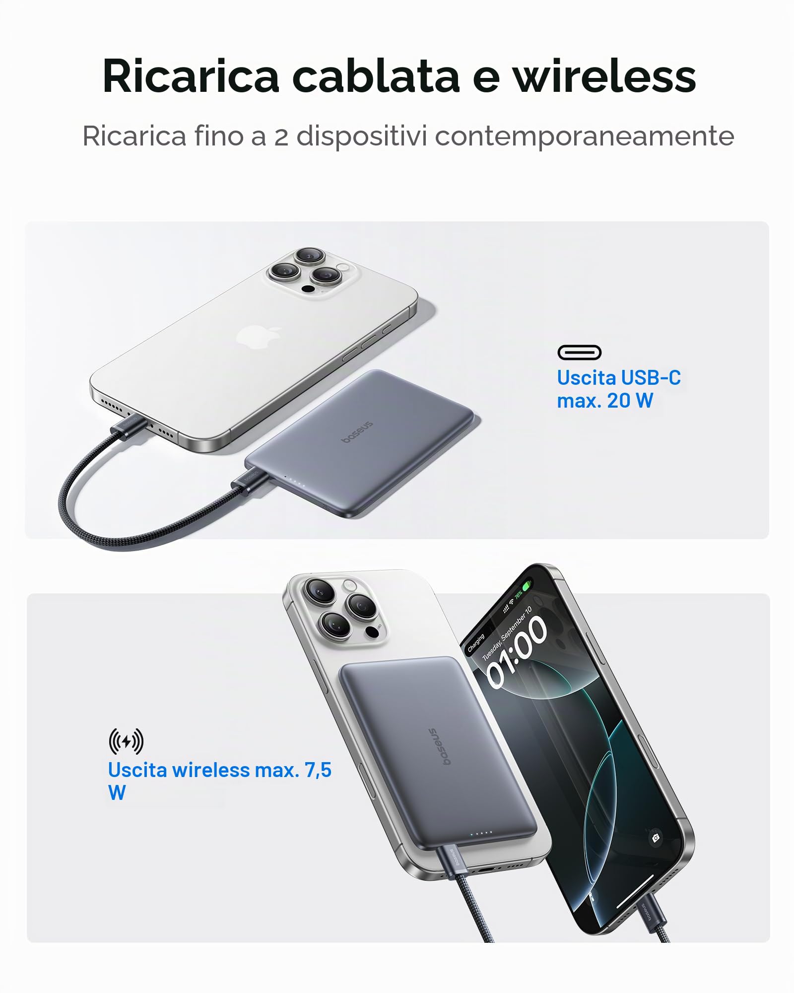Baseus Picogo AM41 Power Bank, 0,3 pollici Ultra Slim 5000mAh Magsafe Powerbank, PD 20W Ricarica Rapida, Portatile, Mini Batteria Magnetica Wireless con Cavo USB C per iPhone 17 Air/16/15/14/13