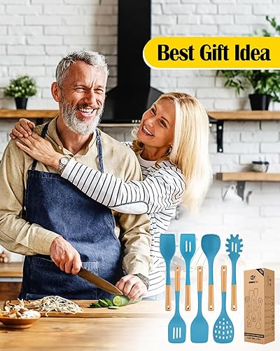 Miniatura 7 de Juego de utensilios de cocina de silicona para utensilios de cocina antiadherentes, 7 utensilios de cocina resistentes al calor con mango de madera,