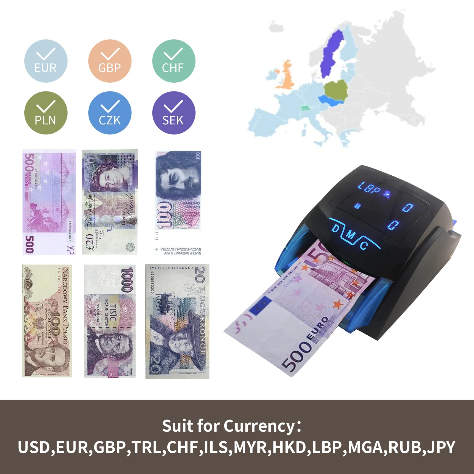 520B Mini Handy Banconote UV/MG Rilevatore di banconote false in euro Rilevatore di banconote per USD/EUR Rilevatore di contanti Dinero con batteria