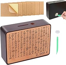 Wooden Piggy Bank, Wooden Money Box with Counter, Saving Box with Marker, Comes with 7 Reusable Stickers, Integrated Without Assembly (Brown)