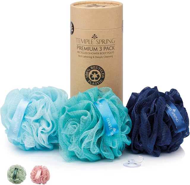 Temple Spring, Eco Recycled Shower Pouf, Bath Loofah, Body Brush, Mesh Sponge, Exfoliating Bath Scrunchie, Multi Pack Bathroom Puff, Toiletries, Foam Balls (Ocean Blues)