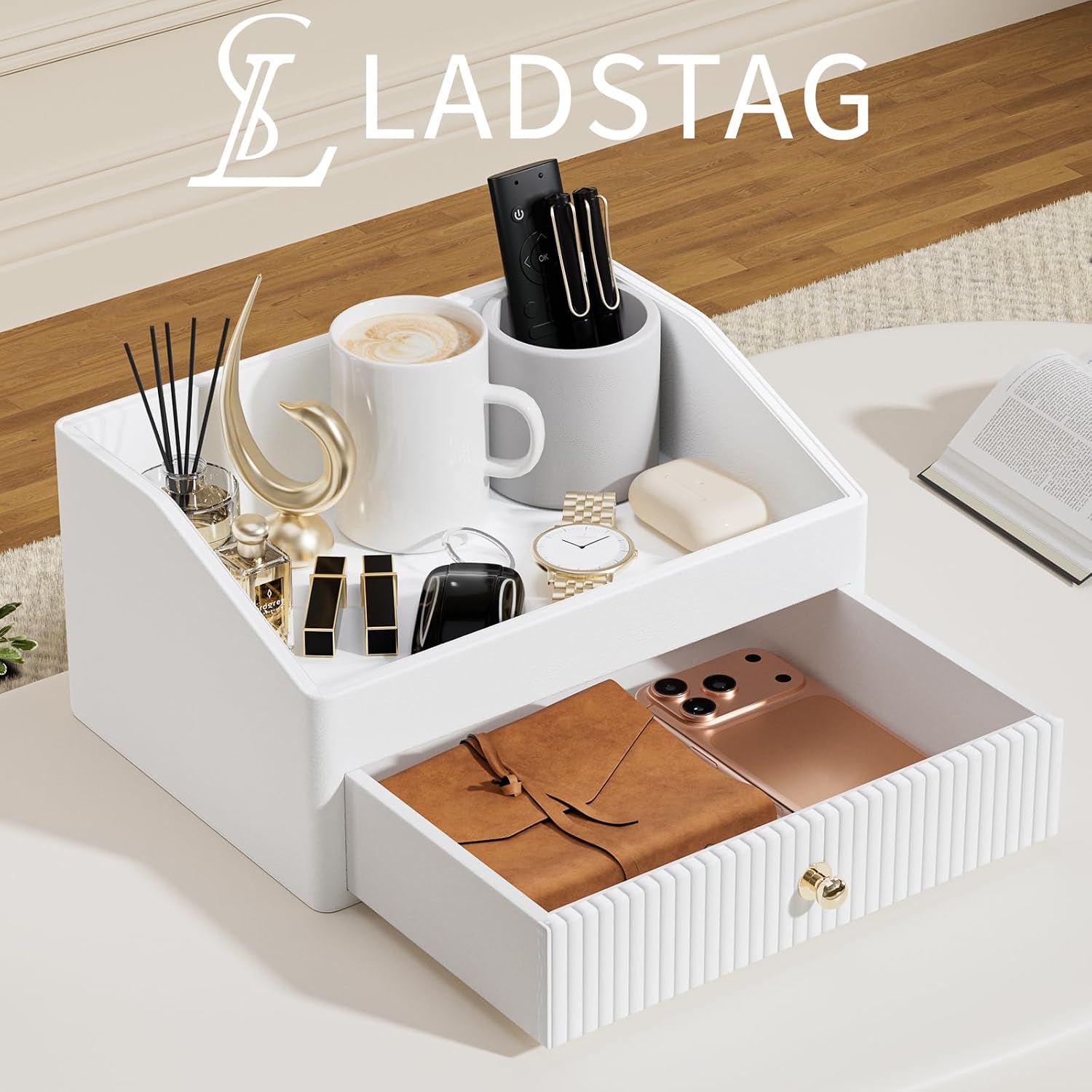 LADSTAG Office Desk Accessories,Beige White Vegan Leather Office Organizer with 1 Drawer & Tray,Pen Holder with Gold-Tone Metal Accents Knob for End Tables,Bedside Table,Bedroom.