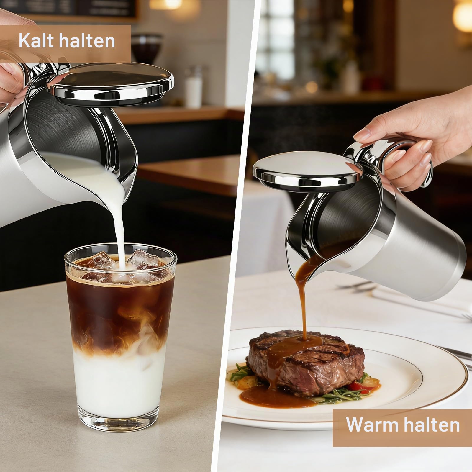 750ml Edelstahl Thermo Sauciere, Doppelt Isoliert Soßenkanne Tropffreier Ausgießer Thermosauciere für Hause Abendessen Restaurants Partys Eleganter Silber