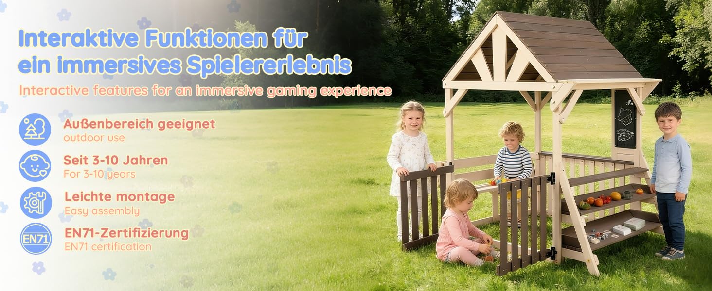 Outdoor-Küchenspielset Holz, regensicheres Dach, Geländer, ab 3 Jahren, für Garten