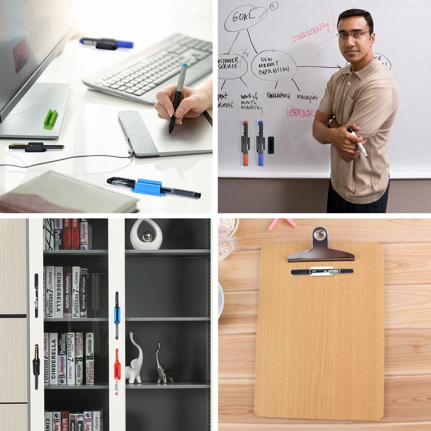 Stifthalter aus Silikon, selbstklebender Stifthalter für den Schreibtisch, Marker-Clip für Klassenzimmer, Büro, Schreibtischzubehör, Stifthalter mit 20 doppelseitigen extra Klebebändern, Rot, 20 Stück