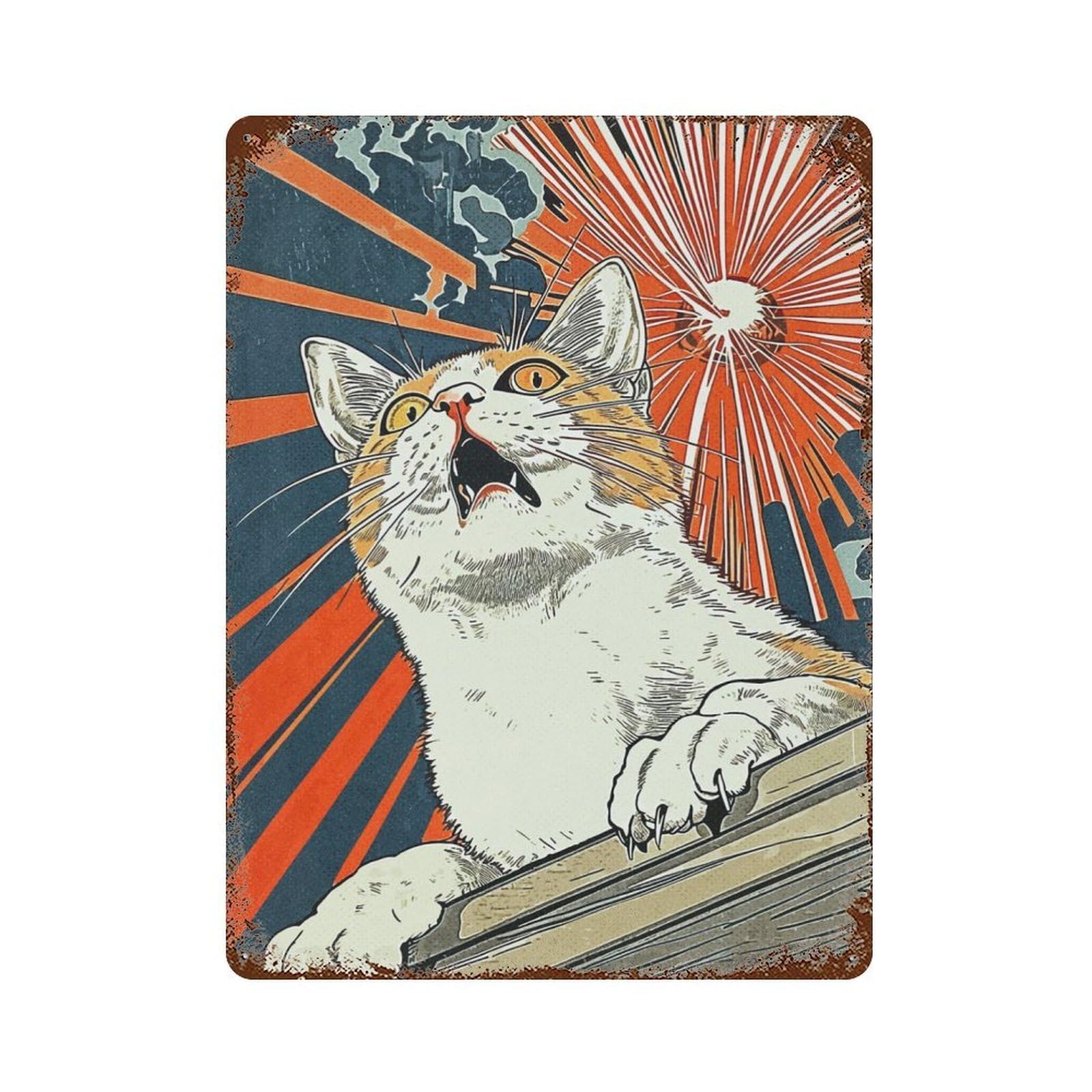 Japan Funny Cat Vintage Metal Tin Sign 15.7"x11.8", Farmhouse Wall Decor for Living Room, Hallway And Home Decor