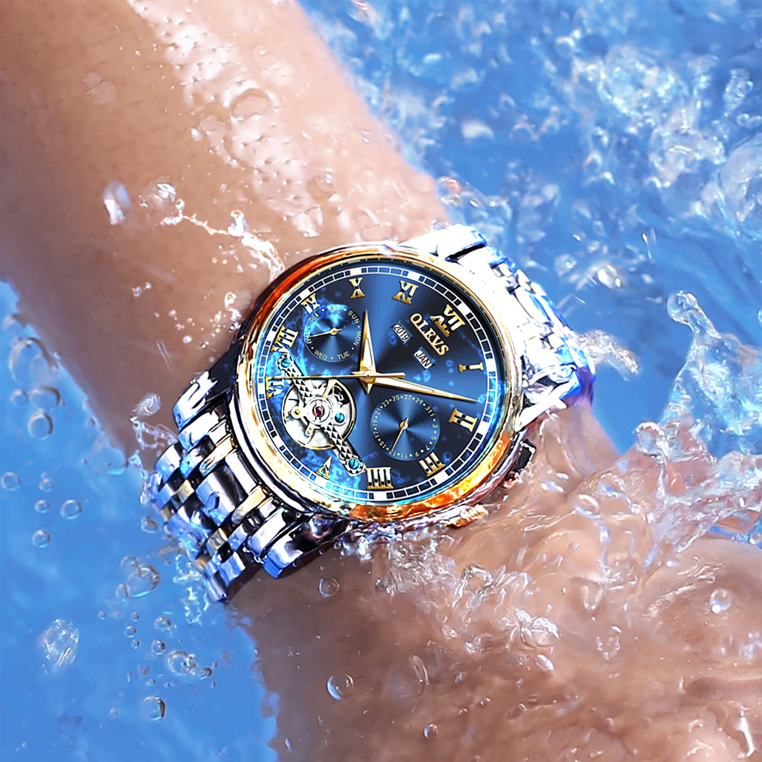 OLEVS Herrenuhren mit Datum Kalender Geschäft Quarz Armbanduhr Analog Edelstahl Wasserdicht Leuchtend Zwei-Farbig Casual Armbanduhr