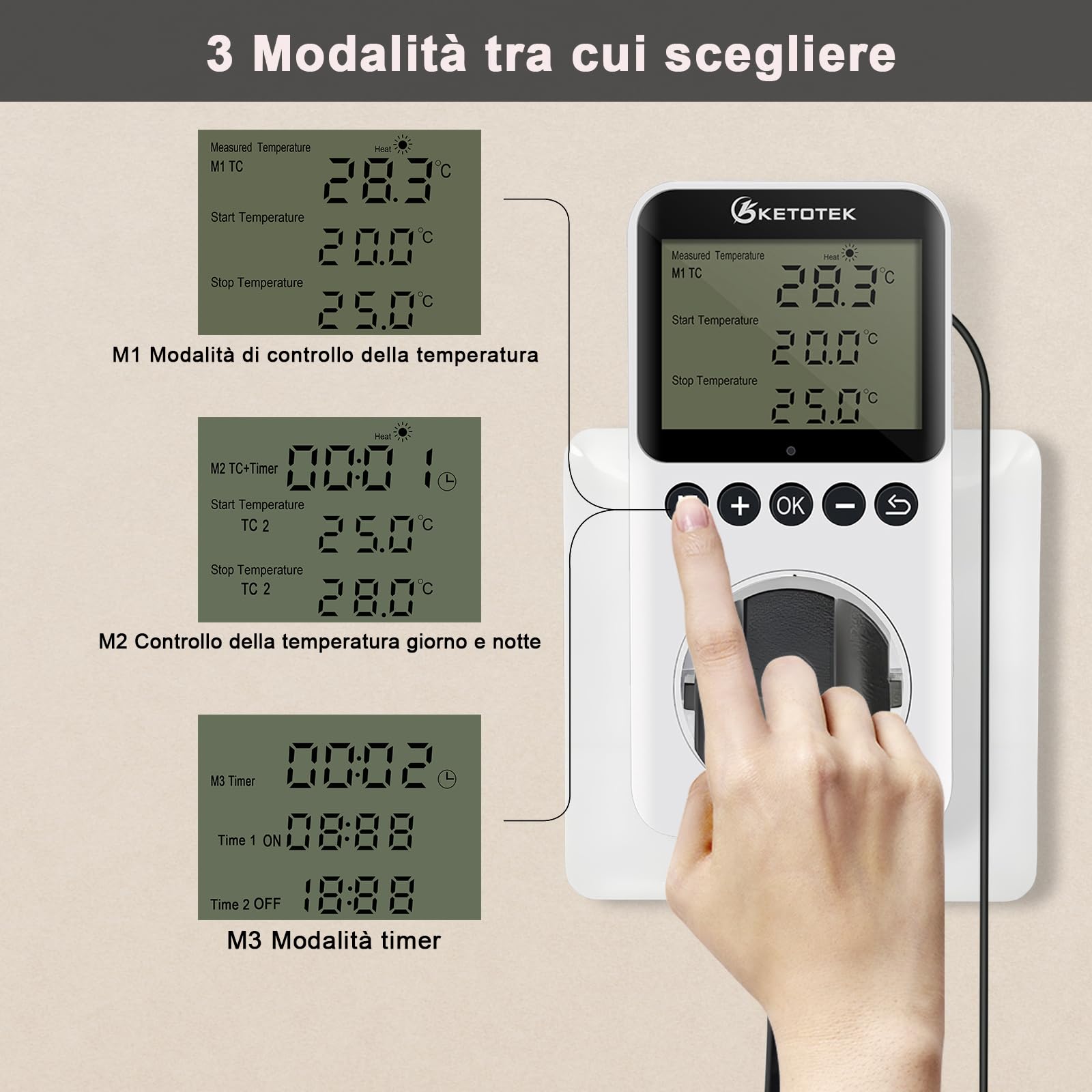 KETOTEK Digitale Presa Termostato con Timer Giorno Notte, Spina Termostato Temporizzato Rettili Terrario Regolatore di Temperatura con Sonda 220V