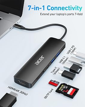 Acer USB C Hub, 7 in 1 Multi-Port Adapter for Laptop/Mac Type C Devices