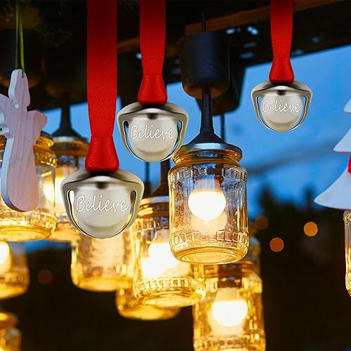 Miniatura 2 de Bencailor 24 campanas de trineo de Navidad 2023 Believe Bell con cinta roja, adornos plateados para árbol de Navidad, decoración navideña de metal