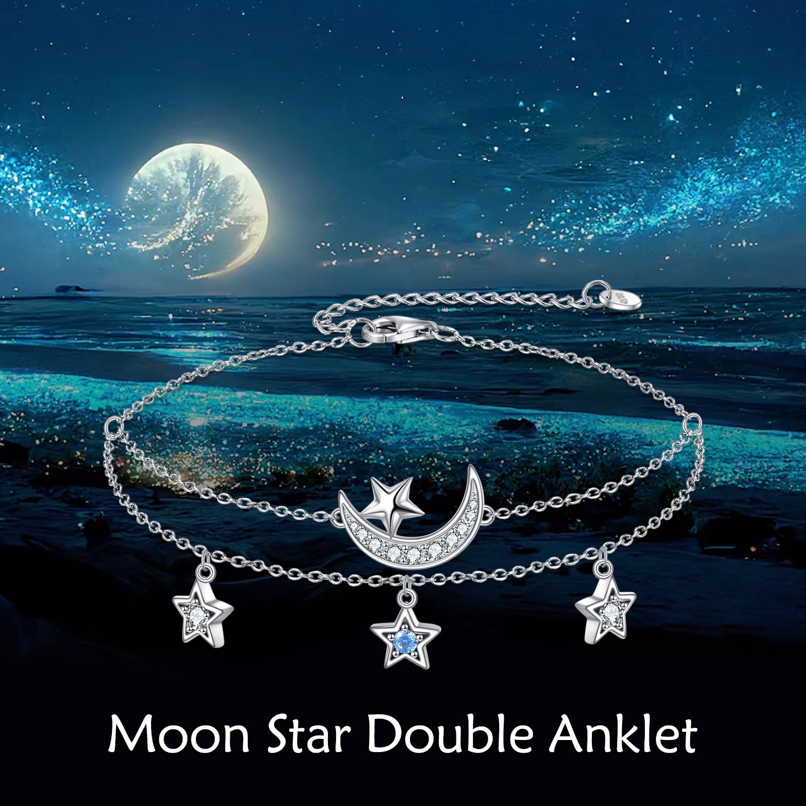 YAFEINI Fußkettchen für Damen 925 Sterling Silber Mond Stern Strand Geschichtetes Fußkettchen Schmuck Geschenk für Mädchen