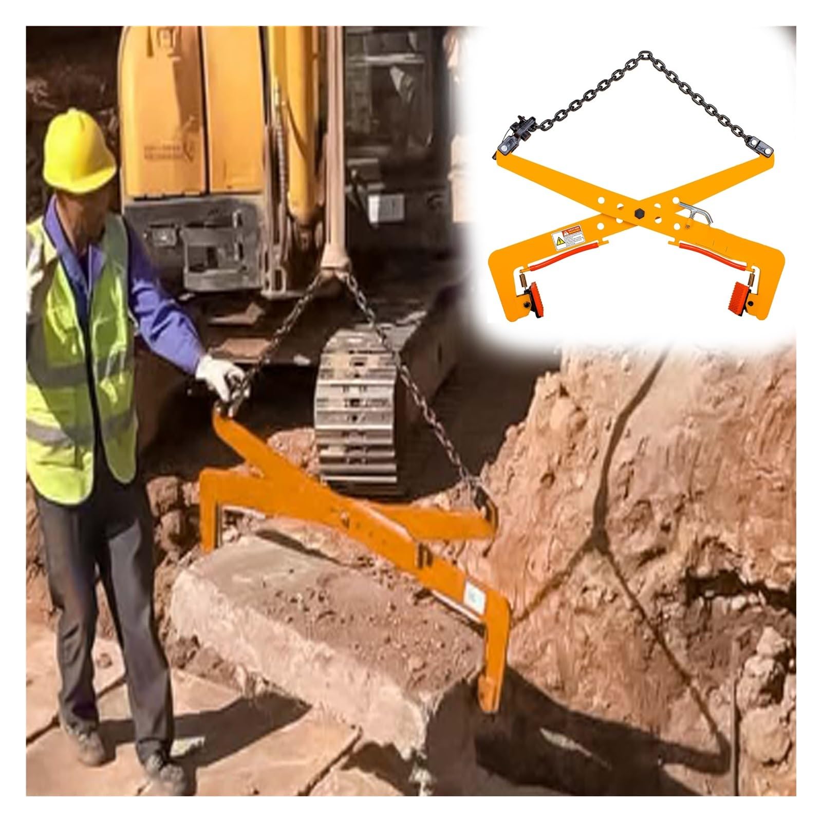 Morsetto Verticale a Catena Giallo per Piastre, Morsetto di Sollevamento per Pietre con 2 pinze Antiscivolo in Gomma, Strumento di Sollevamento a Forbice per miniere/fabb