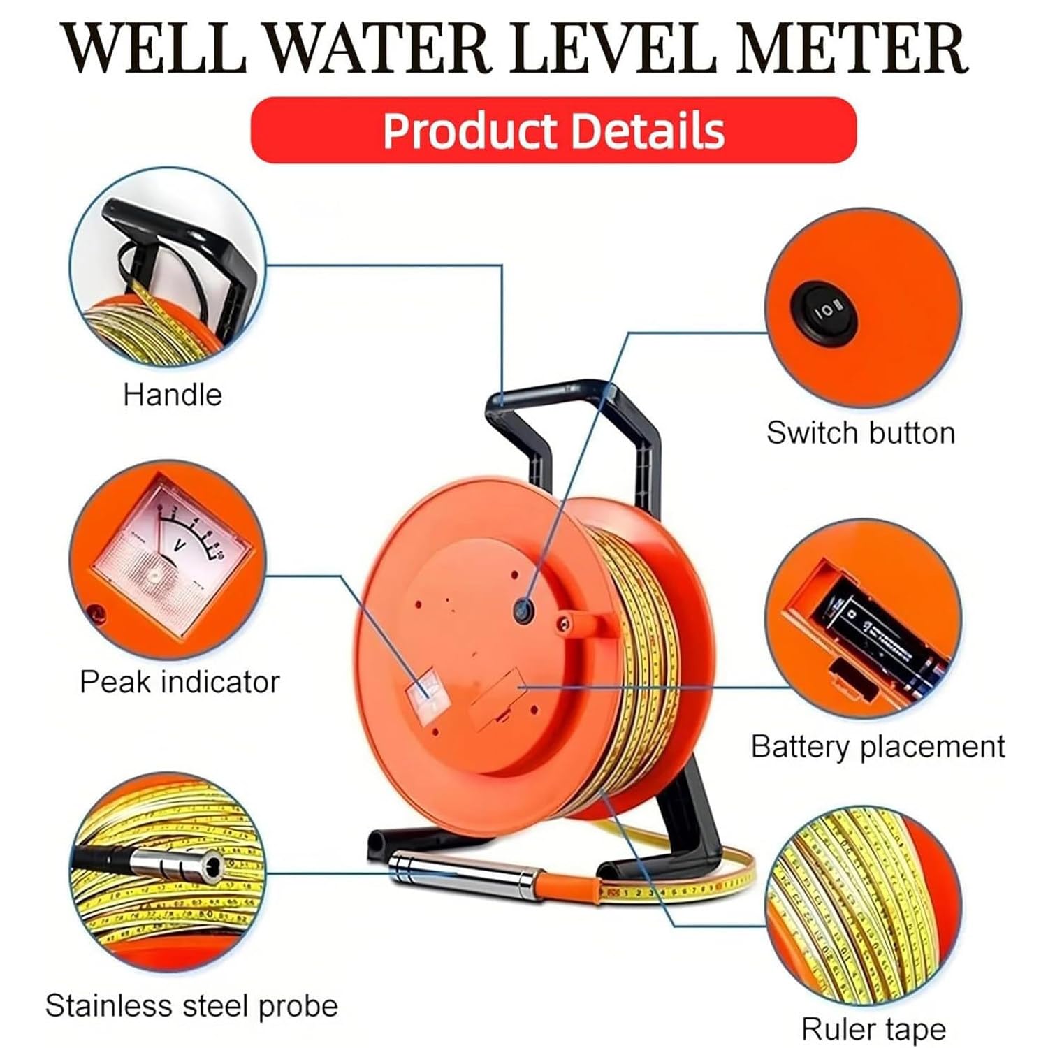 Wasserstandsmesser mit Edelstahlsonde und Stahlband, Tiefenmesser mit Summer und Voltmeter für Brunnen- und Reservoirüberwachung