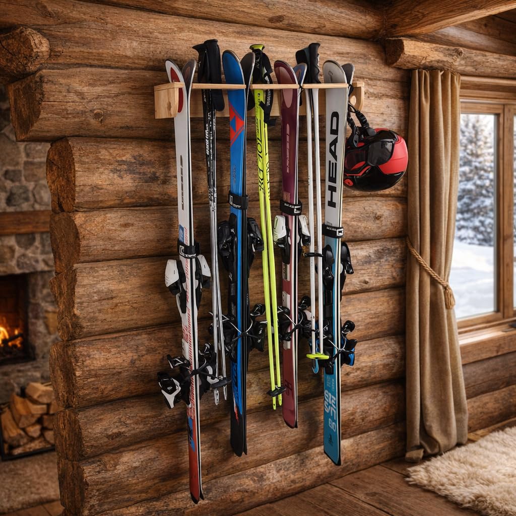 John Paddle Holzständer für Skier und Skistöcke – Wandhalter für 4 Paar Ski