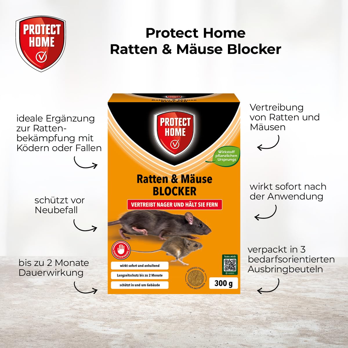 PROTECT HOME Ratten & Mäuse Blocker vertreibt Ratten und Mäuse zuverlässig mit sofortiger Wirkung und bis zu 2 Monate Dauerwirkung, 300 g