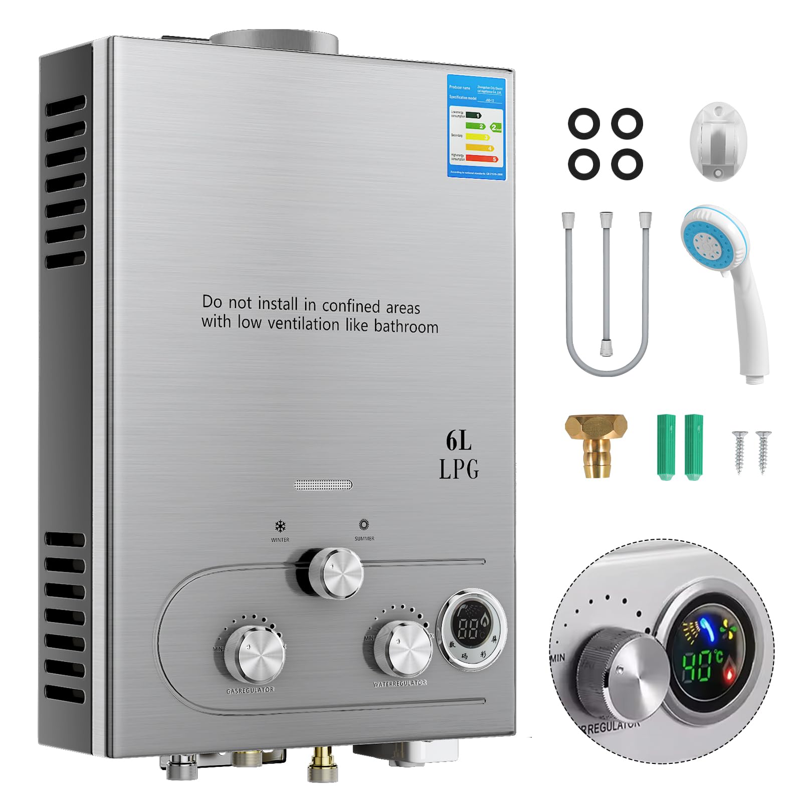 Calentador de agua de gas propano GPL 6L/8L, modo invierno-verano, calentador instantáneo sin depósito 16kw, kit ducha, quemador camping-RV-casa (6L)