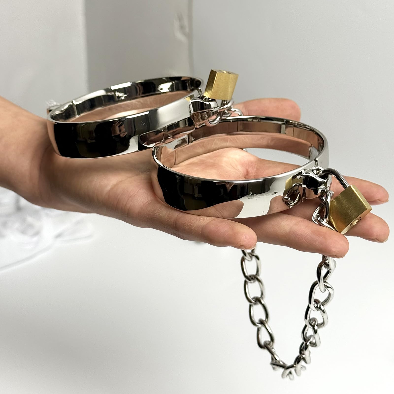 Argent métal Menottes de cheville ovales DIØ73-92mm polir bondage Av.chaîne | YILUQIFLY BDSM Cosplay Verrouillable SUBS sclaves femmes hommes restraint handcuffs adulte fetisch Jeu de rôle contraintes