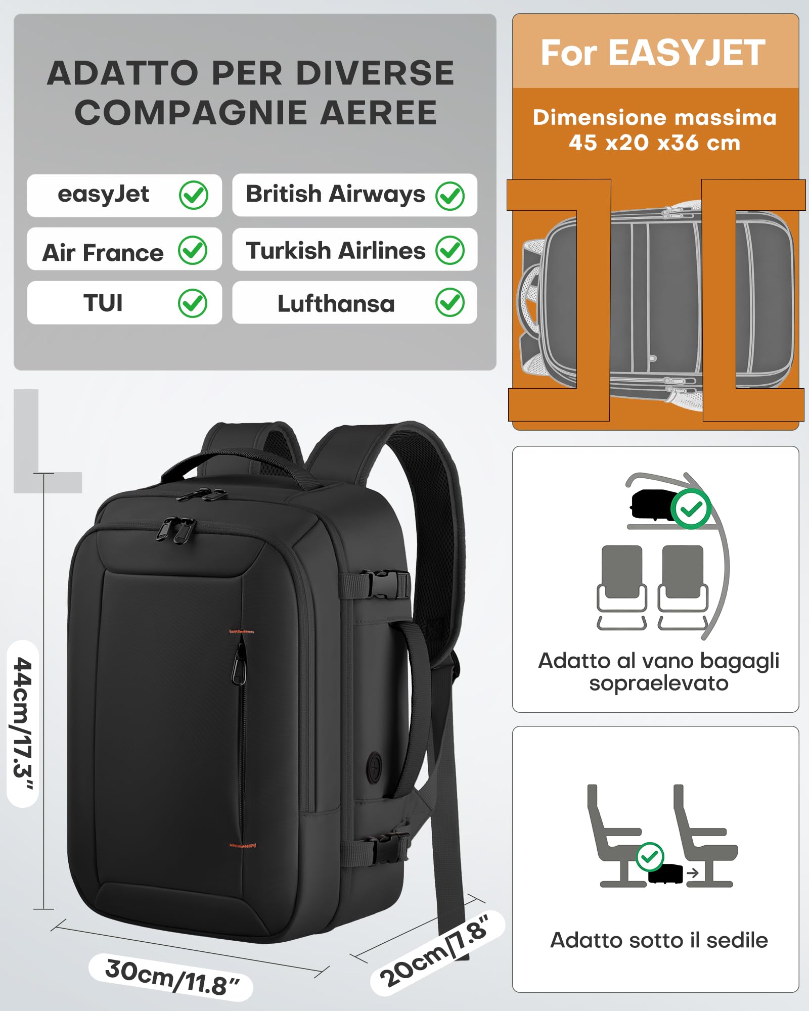 HOTOR Zaino Easyjet 44x20x30 - Zaino da Viaggio Zaino Porta PC Multi-Tasca e Portatile, Bagaglio a Mano Compatibile Easyjet, Con Foro USB, Per Donna e Uomo Lavoro, Viaggi in Aereo e Trekking, Nero