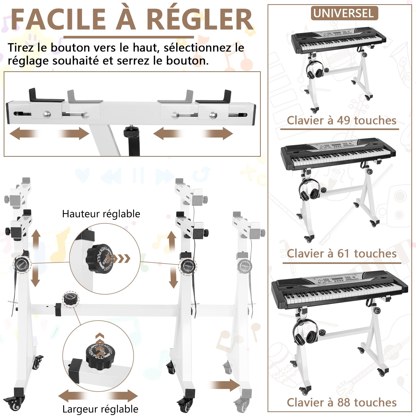 OUUTMEE - Soporte universal para teclado para piano electrónico, 54-88 teclas | 4 ruedas cerradas, altura ajustable (55-87 cm) y anchura (56,5-90,5 cm), estilo Z resistente, blanco