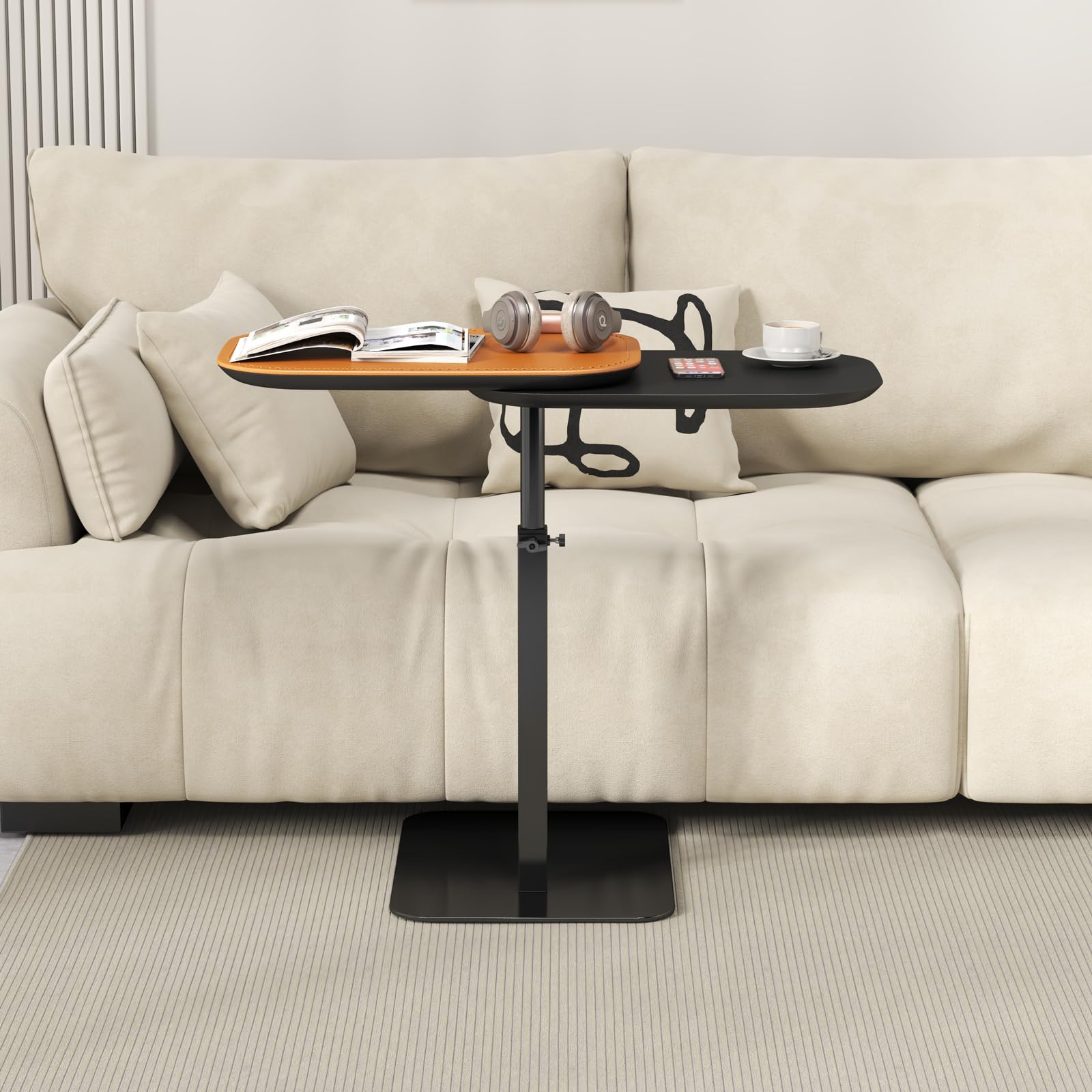 Tavolino a forma di C regolabile in altezza, tavolino per divano legno girevole a 360°, scrivania per computer portatile per divano/letto, piccolo tavolino C per soggiorno/camera da letto (orange)