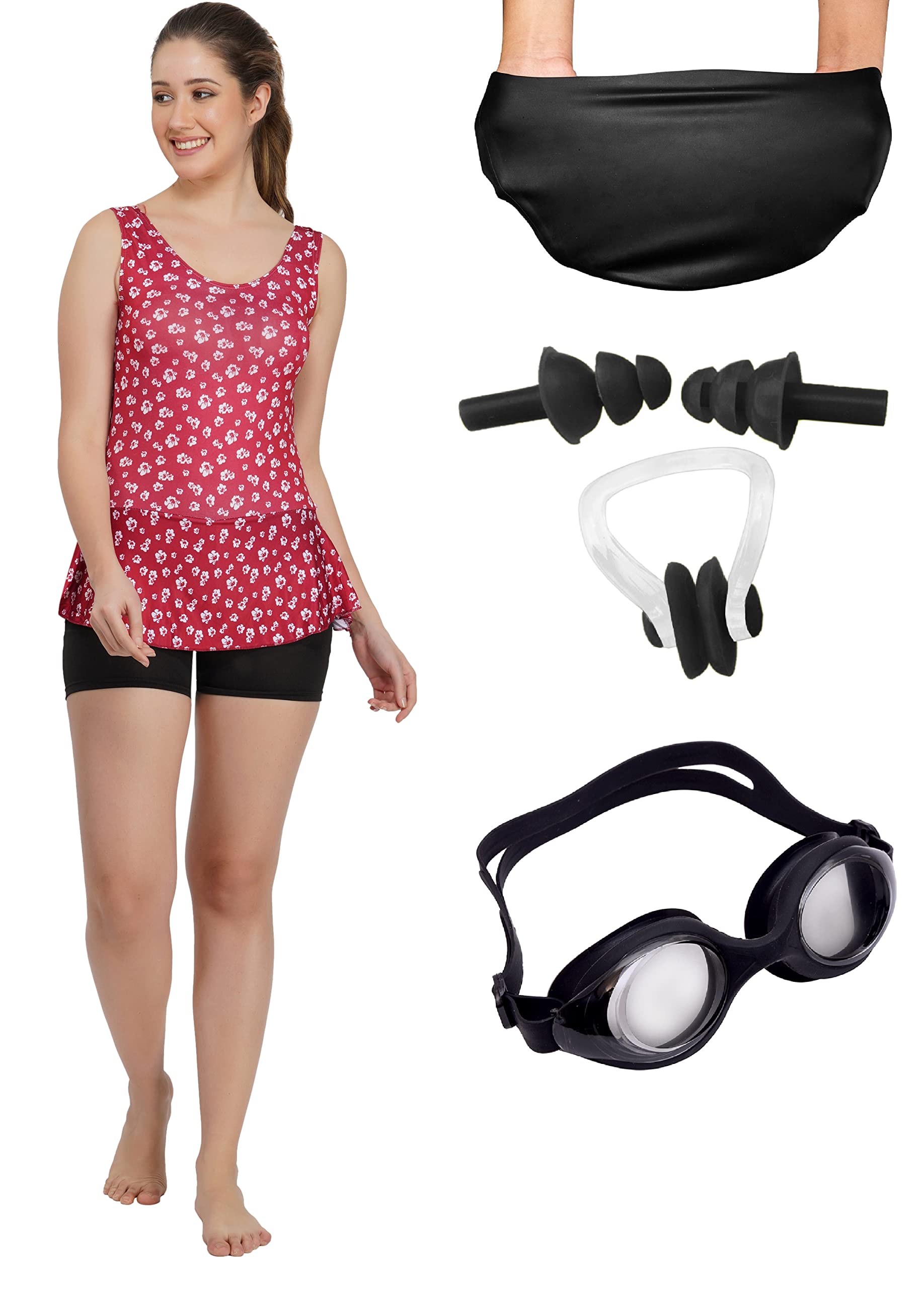 JMT Wear Swimming Kit with Swimming Costume Swimming Goggles Silicone Swimming Cap Ear Plugs and Nose Plugs for Womens 2XL (XS, Black) (B09XMRL3Y2) Amazon Price History, Amazon Price Tracker